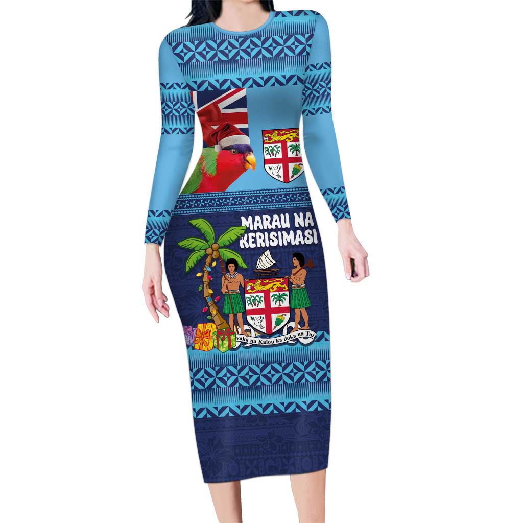 Fiji Marau na Kerisimasi Long Sleeve Bodycon Dress Christmas Collared Lory - Fiji Emblems and Xmas Palm Tree Tapa Art Pattern LT03 Long Dress Blue - Polynesian Pride