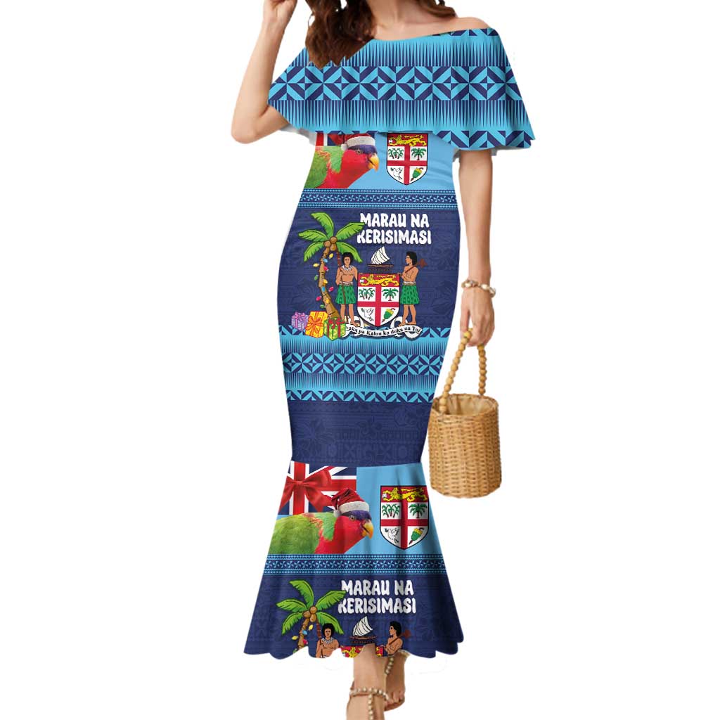 Fiji Marau na Kerisimasi Mermaid Dress Christmas Collared Lory - Fiji Emblems and Xmas Palm Tree Tapa Art Pattern LT03 Women Blue - Polynesian Pride