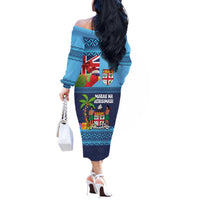 Fiji Marau na Kerisimasi Off The Shoulder Long Sleeve Dress Christmas Collared Lory - Fiji Emblems and Xmas Palm Tree Tapa Art Pattern LT03 - Polynesian Pride