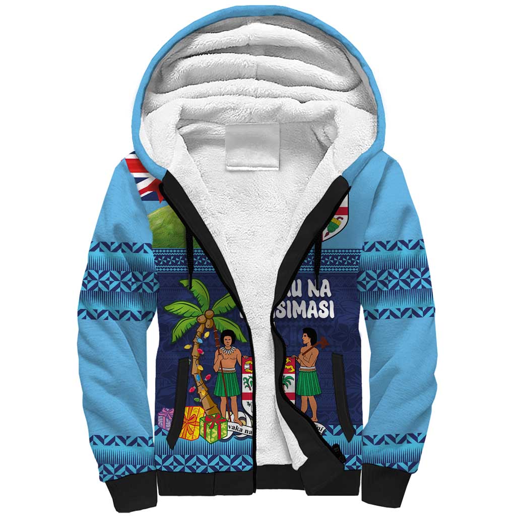 Fiji Marau na Kerisimasi Sherpa Hoodie Christmas Collared Lory - Fiji Emblems and Xmas Palm Tree Tapa Art Pattern LT03 Unisex Blue - Polynesian Pride