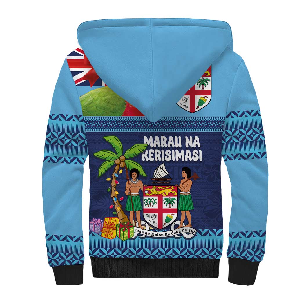 Fiji Marau na Kerisimasi Sherpa Hoodie Christmas Collared Lory - Fiji Emblems and Xmas Palm Tree Tapa Art Pattern LT03 - Polynesian Pride