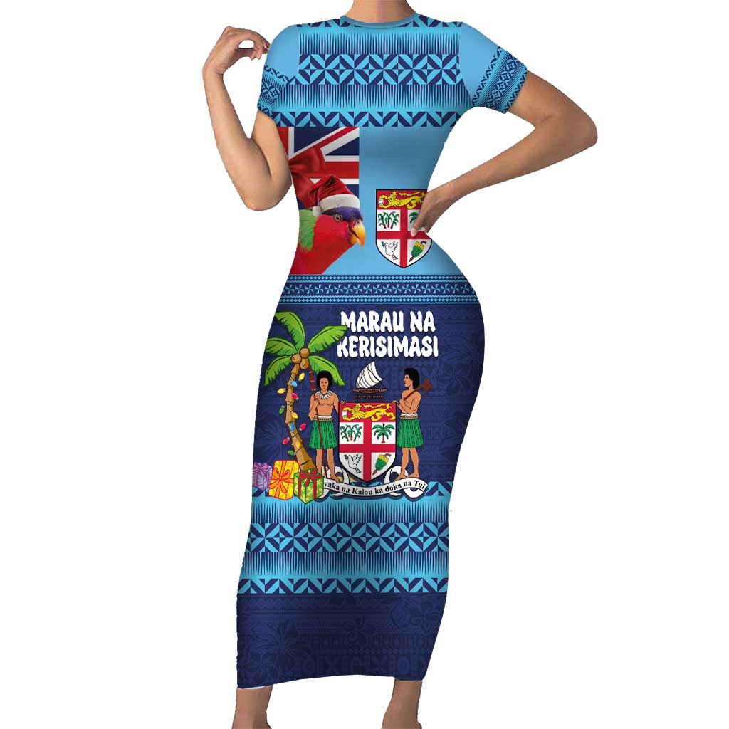 Fiji Marau na Kerisimasi Short Sleeve Bodycon Dress Christmas Collared Lory - Fiji Emblems and Xmas Palm Tree Tapa Art Pattern LT03 Long Dress Blue - Polynesian Pride