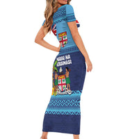 Fiji Marau na Kerisimasi Short Sleeve Bodycon Dress Christmas Collared Lory - Fiji Emblems and Xmas Palm Tree Tapa Art Pattern LT03 - Polynesian Pride