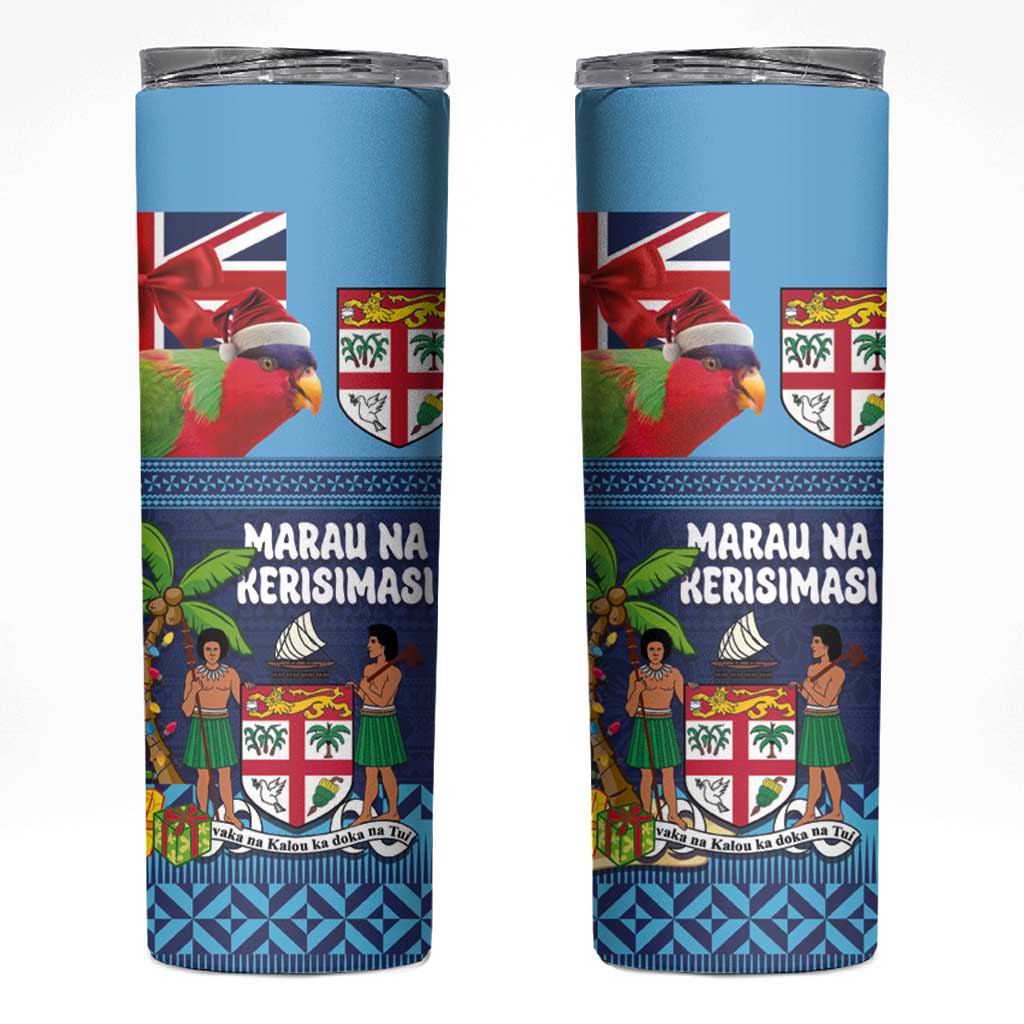 Fiji Marau na Kerisimasi Skinny Tumbler Christmas Collared Lory - Fiji Emblems and Xmas Palm Tree Tapa Art Pattern LT03 Blue - Polynesian Pride