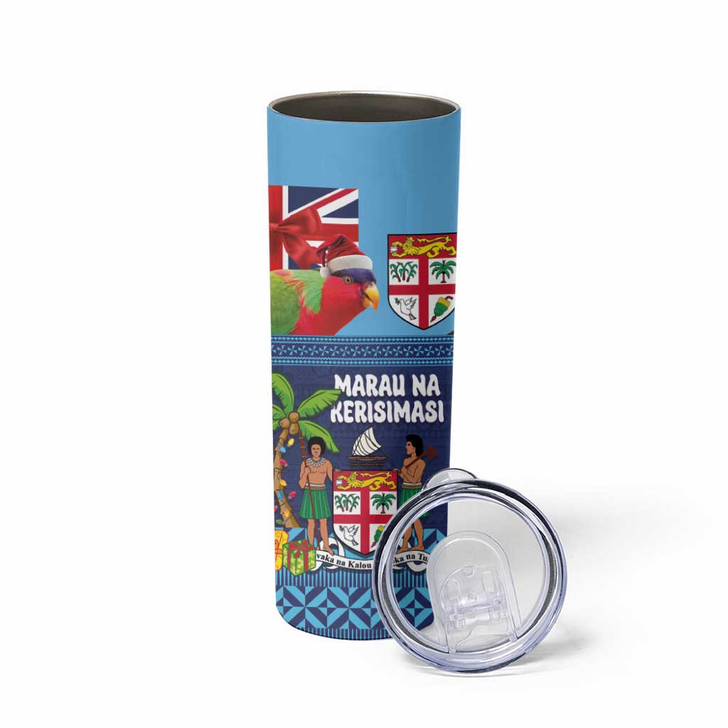 Fiji Marau na Kerisimasi Skinny Tumbler Christmas Collared Lory - Fiji Emblems and Xmas Palm Tree Tapa Art Pattern LT03 - Polynesian Pride