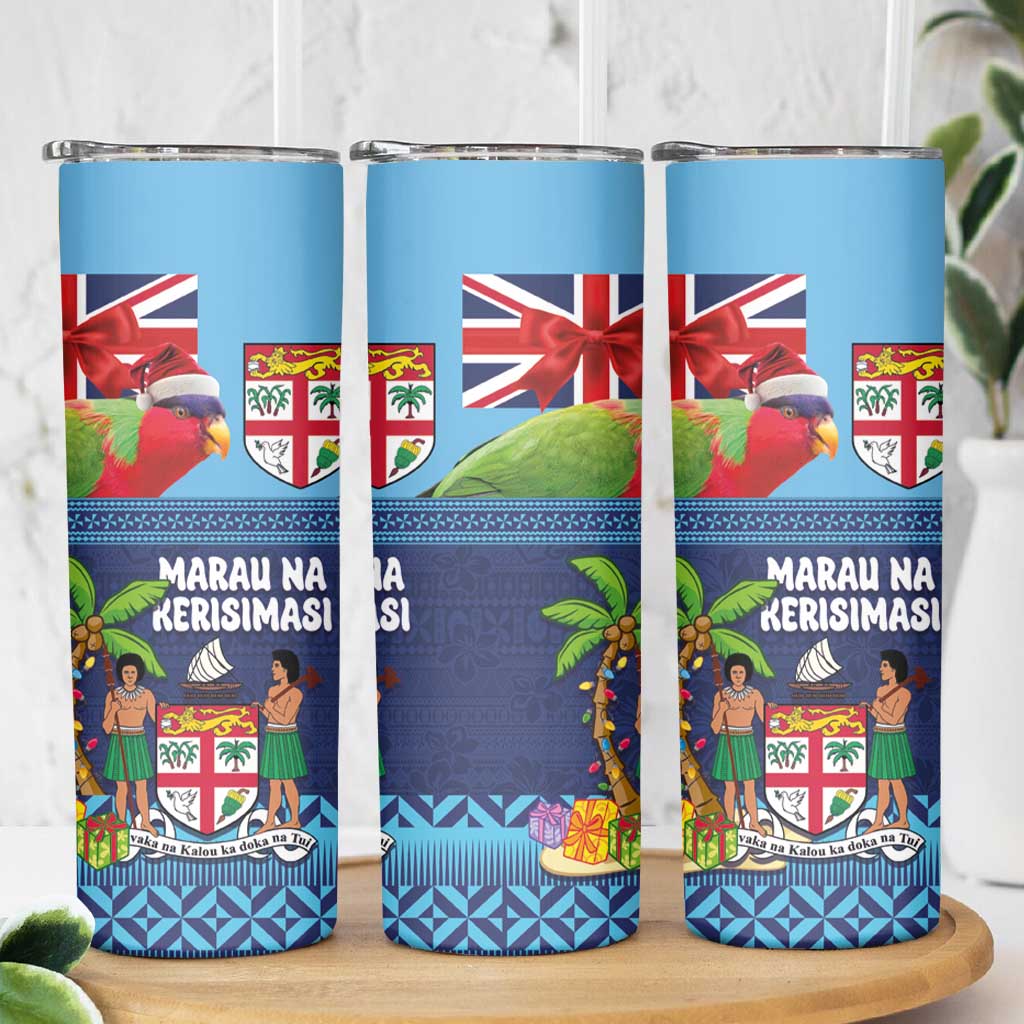 Fiji Marau na Kerisimasi Skinny Tumbler Christmas Collared Lory - Fiji Emblems and Xmas Palm Tree Tapa Art Pattern LT03 - Polynesian Pride