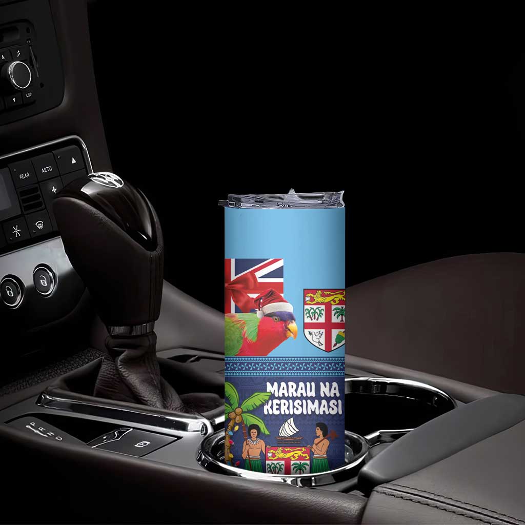 Fiji Marau na Kerisimasi Skinny Tumbler Christmas Collared Lory - Fiji Emblems and Xmas Palm Tree Tapa Art Pattern LT03 - Polynesian Pride