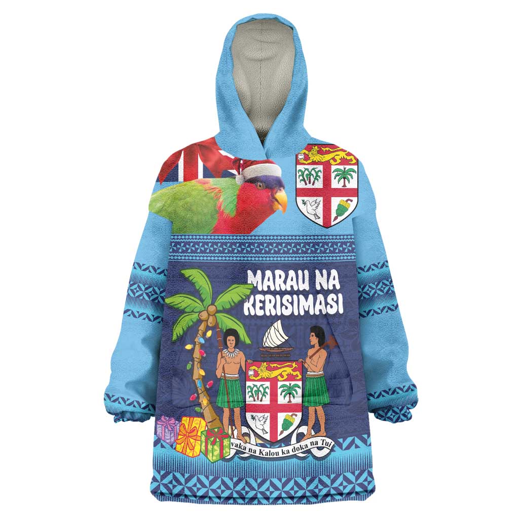Fiji Marau na Kerisimasi Wearable Blanket Hoodie Christmas Collared Lory - Fiji Emblems and Xmas Palm Tree Tapa Art Pattern LT03 One Size Blue - Polynesian Pride