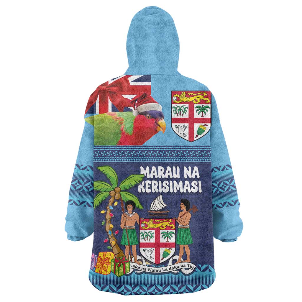 Fiji Marau na Kerisimasi Wearable Blanket Hoodie Christmas Collared Lory - Fiji Emblems and Xmas Palm Tree Tapa Art Pattern LT03 - Polynesian Pride