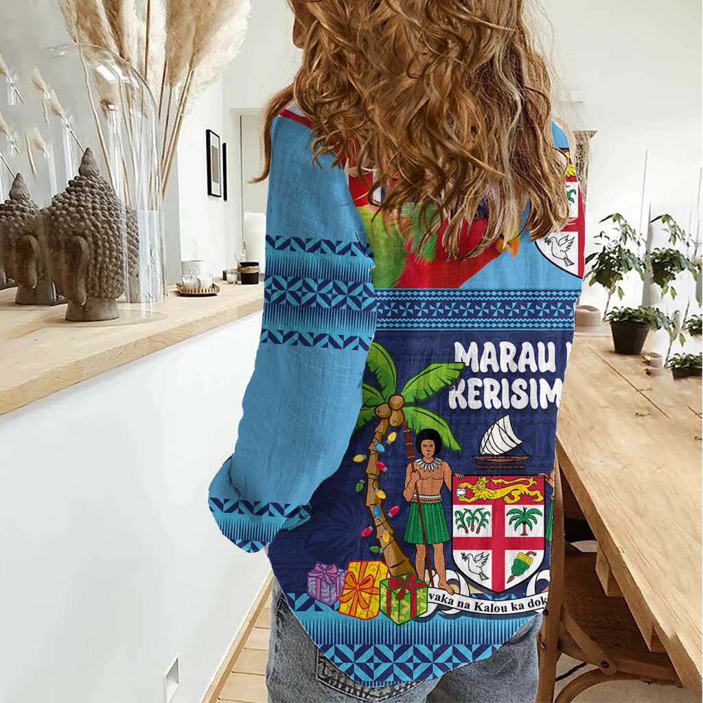 Fiji Marau na Kerisimasi Women Casual Shirt Christmas Collared Lory - Fiji Emblems and Xmas Palm Tree Tapa Art Pattern LT03 - Polynesian Pride