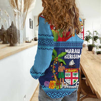 Fiji Marau na Kerisimasi Women Casual Shirt Christmas Collared Lory - Fiji Emblems and Xmas Palm Tree Tapa Art Pattern LT03 - Polynesian Pride