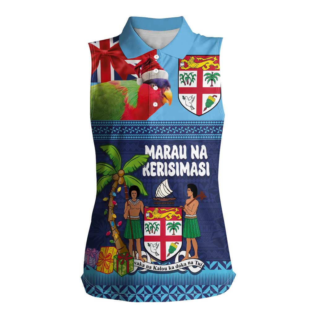 Fiji Marau na Kerisimasi Women Sleeveless Polo Shirt Christmas Collared Lory - Fiji Emblems and Xmas Palm Tree Tapa Art Pattern LT03 Female Blue - Polynesian Pride