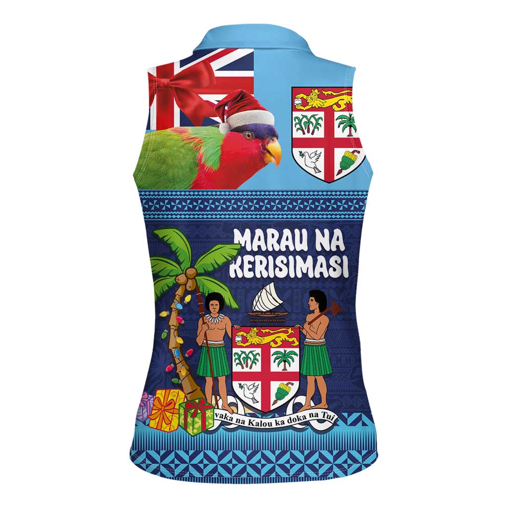 Fiji Marau na Kerisimasi Women Sleeveless Polo Shirt Christmas Collared Lory - Fiji Emblems and Xmas Palm Tree Tapa Art Pattern LT03 - Polynesian Pride