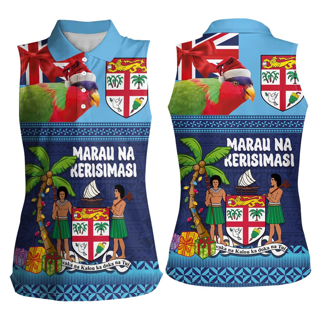 Fiji Marau na Kerisimasi Women Sleeveless Polo Shirt Christmas Collared Lory - Fiji Emblems and Xmas Palm Tree Tapa Art Pattern LT03 - Polynesian Pride