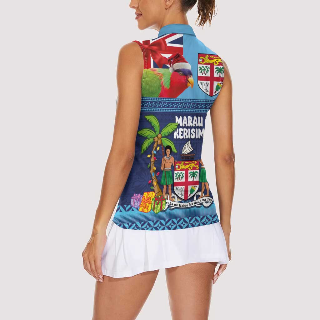 Fiji Marau na Kerisimasi Women Sleeveless Polo Shirt Christmas Collared Lory - Fiji Emblems and Xmas Palm Tree Tapa Art Pattern LT03 - Polynesian Pride