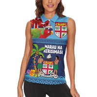 Fiji Marau na Kerisimasi Women Sleeveless Polo Shirt Christmas Collared Lory - Fiji Emblems and Xmas Palm Tree Tapa Art Pattern LT03 - Polynesian Pride