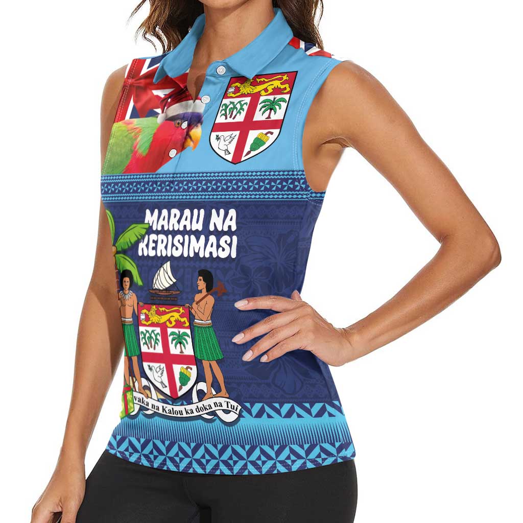 Fiji Marau na Kerisimasi Women Sleeveless Polo Shirt Christmas Collared Lory - Fiji Emblems and Xmas Palm Tree Tapa Art Pattern LT03 - Polynesian Pride