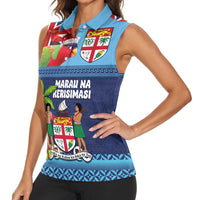Fiji Marau na Kerisimasi Women Sleeveless Polo Shirt Christmas Collared Lory - Fiji Emblems and Xmas Palm Tree Tapa Art Pattern LT03 - Polynesian Pride
