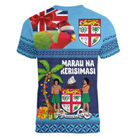 Fiji Marau na Kerisimasi Women V-Neck T-Shirt Christmas Collared Lory - Fiji Emblems and Xmas Palm Tree Tapa Art Pattern LT03 - Polynesian Pride
