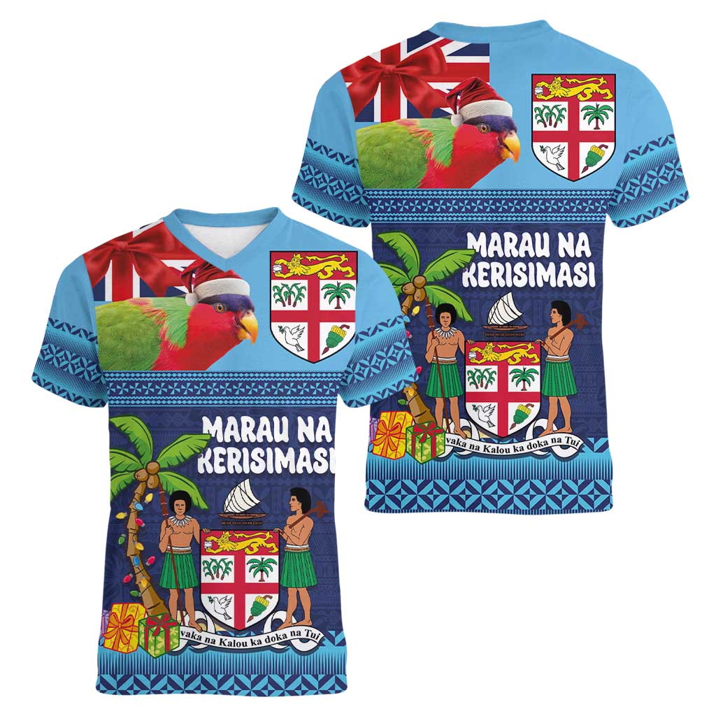 Fiji Marau na Kerisimasi Women V-Neck T-Shirt Christmas Collared Lory - Fiji Emblems and Xmas Palm Tree Tapa Art Pattern LT03 - Polynesian Pride