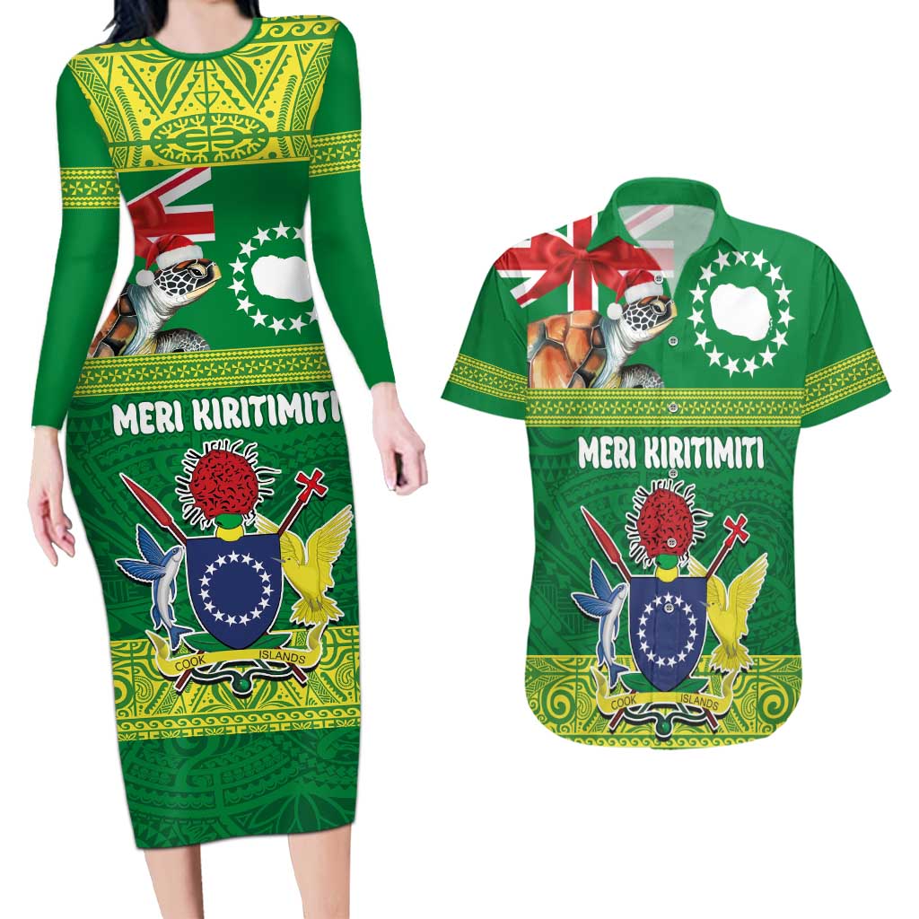 Cook Islands Meri Kiritimiti Couples Matching Long Sleeve Bodycon Dress and Hawaiian Shirt Christmas Turtle - Cooks Islands Emblems and Polynesian Art Pattern LT03 Green - Polynesian Pride