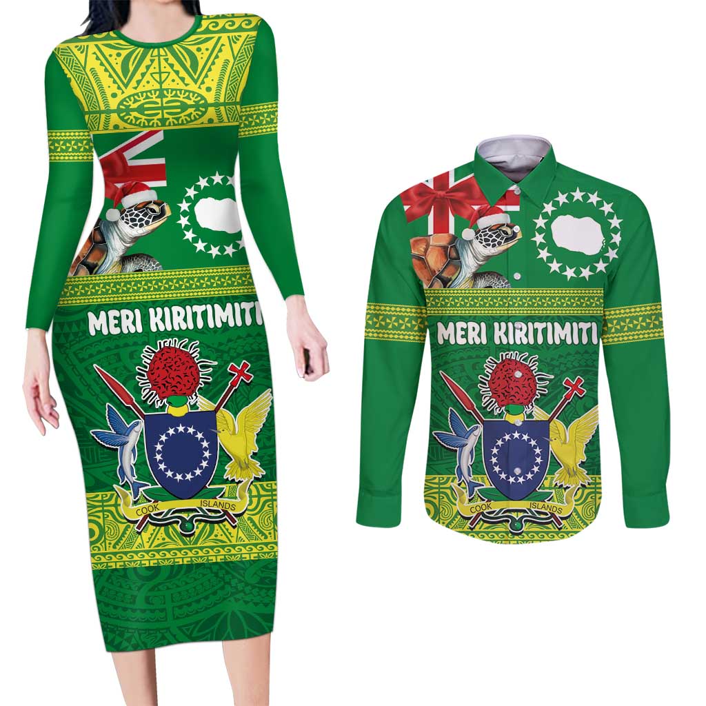 Cook Islands Meri Kiritimiti Couples Matching Long Sleeve Bodycon Dress and Long Sleeve Button Shirt Christmas Turtle - Cooks Islands Emblems and Polynesian Art Pattern LT03 Green - Polynesian Pride
