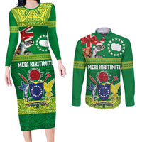 Cook Islands Meri Kiritimiti Couples Matching Long Sleeve Bodycon Dress and Long Sleeve Button Shirt Christmas Turtle - Cooks Islands Emblems and Polynesian Art Pattern LT03 Green - Polynesian Pride