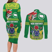 Cook Islands Meri Kiritimiti Couples Matching Long Sleeve Bodycon Dress and Long Sleeve Button Shirt Christmas Turtle - Cooks Islands Emblems and Polynesian Art Pattern LT03 - Polynesian Pride