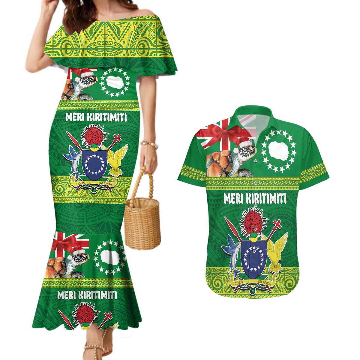Cook Islands Meri Kiritimiti Couples Matching Mermaid Dress and Hawaiian Shirt Christmas Turtle - Cooks Islands Emblems and Polynesian Art Pattern LT03 Green - Polynesian Pride