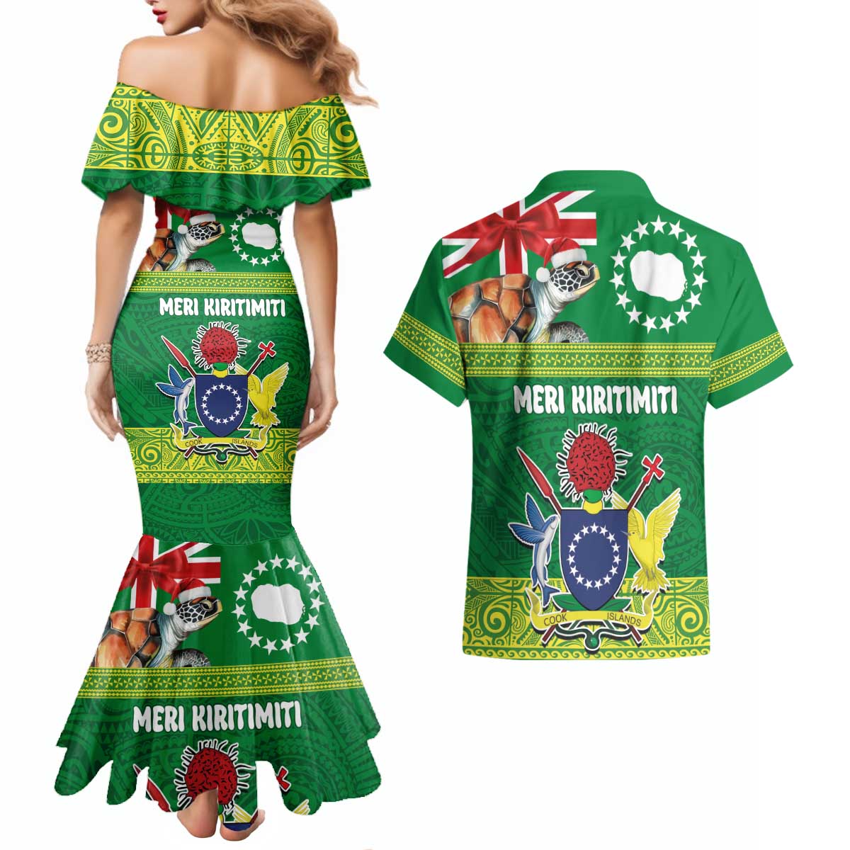 Cook Islands Meri Kiritimiti Couples Matching Mermaid Dress and Hawaiian Shirt Christmas Turtle - Cooks Islands Emblems and Polynesian Art Pattern LT03 - Polynesian Pride