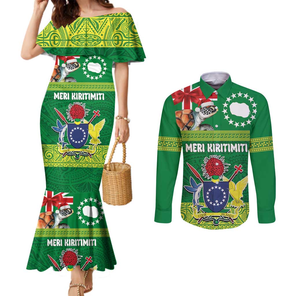 Cook Islands Meri Kiritimiti Couples Matching Mermaid Dress and Long Sleeve Button Shirt Christmas Turtle - Cooks Islands Emblems and Polynesian Art Pattern LT03 Green - Polynesian Pride