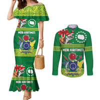 Cook Islands Meri Kiritimiti Couples Matching Mermaid Dress and Long Sleeve Button Shirt Christmas Turtle - Cooks Islands Emblems and Polynesian Art Pattern LT03 Green - Polynesian Pride