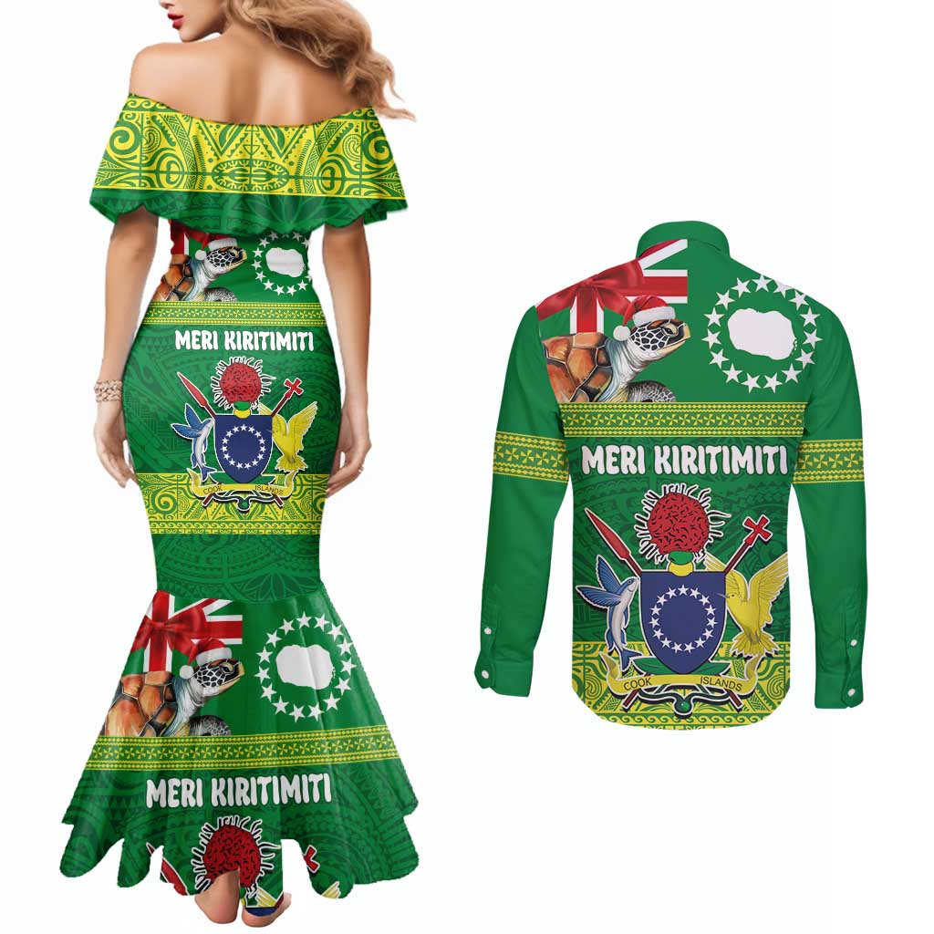 Cook Islands Meri Kiritimiti Couples Matching Mermaid Dress and Long Sleeve Button Shirt Christmas Turtle - Cooks Islands Emblems and Polynesian Art Pattern LT03 - Polynesian Pride