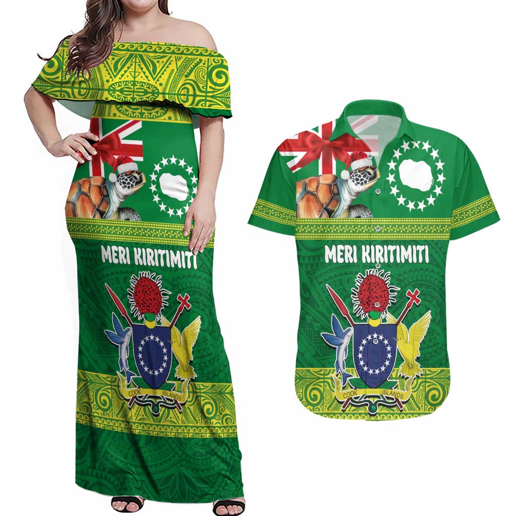 Cook Islands Meri Kiritimiti Couples Matching Off Shoulder Maxi Dress and Hawaiian Shirt Christmas Turtle - Cooks Islands Emblems and Polynesian Art Pattern LT03 Green - Polynesian Pride