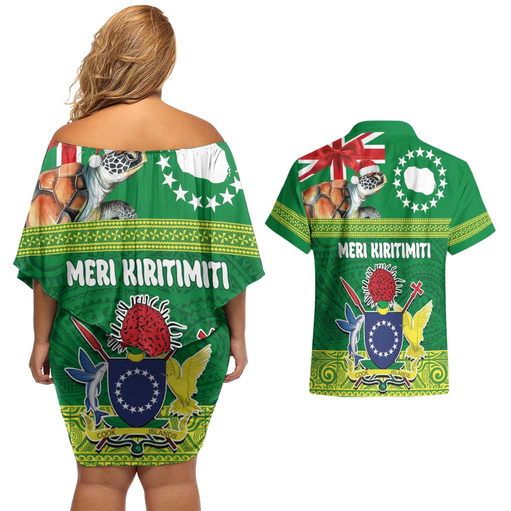Cook Islands Meri Kiritimiti Couples Matching Off Shoulder Short Dress and Hawaiian Shirt Christmas Turtle - Cooks Islands Emblems and Polynesian Art Pattern LT03 - Polynesian Pride