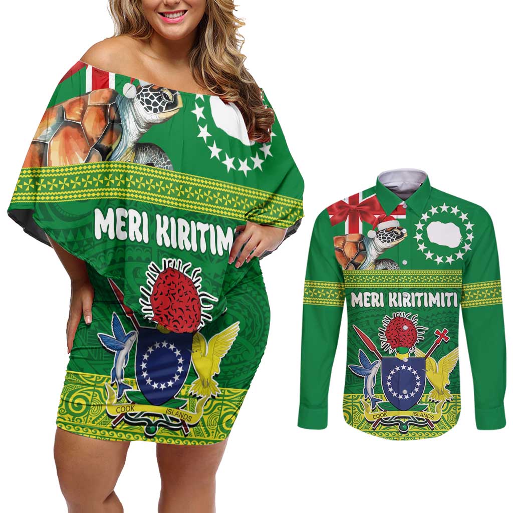 Cook Islands Meri Kiritimiti Couples Matching Off Shoulder Short Dress and Long Sleeve Button Shirt Christmas Turtle - Cooks Islands Emblems and Polynesian Art Pattern LT03 Green - Polynesian Pride