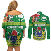 Cook Islands Meri Kiritimiti Couples Matching Off Shoulder Short Dress and Long Sleeve Button Shirt Christmas Turtle - Cooks Islands Emblems and Polynesian Art Pattern LT03 - Polynesian Pride