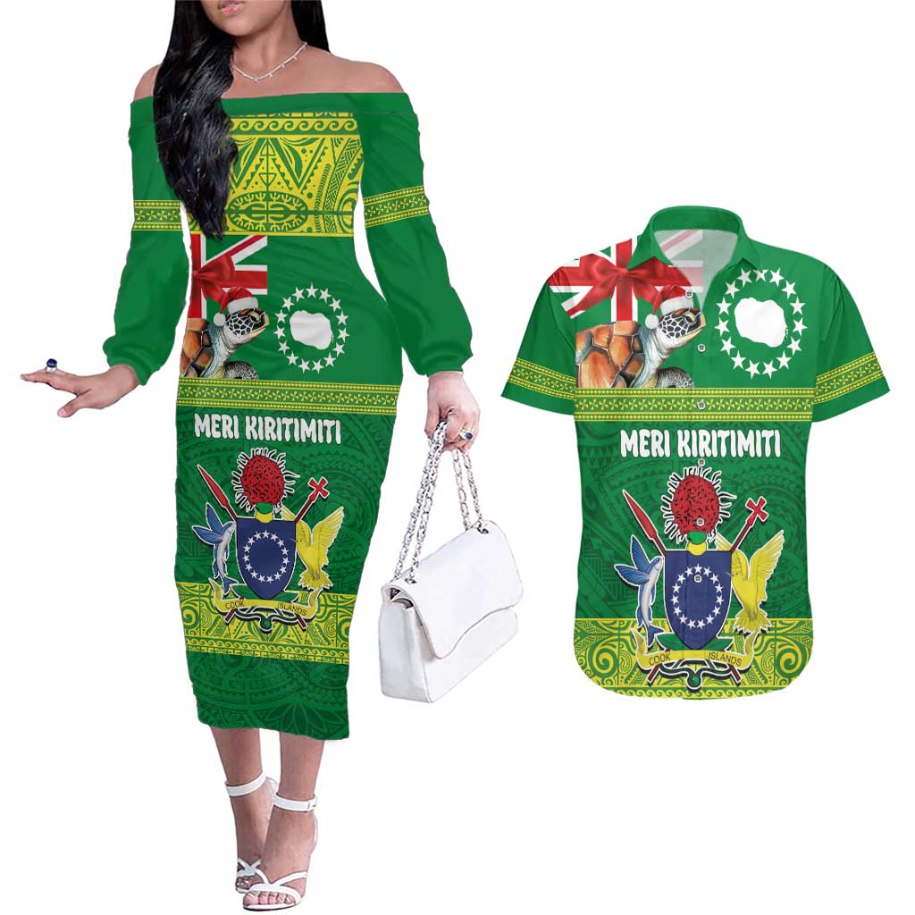 Cook Islands Meri Kiritimiti Couples Matching Off The Shoulder Long Sleeve Dress and Hawaiian Shirt Christmas Turtle - Cooks Islands Emblems and Polynesian Art Pattern LT03 Green - Polynesian Pride