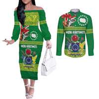 Cook Islands Meri Kiritimiti Couples Matching Off The Shoulder Long Sleeve Dress and Long Sleeve Button Shirt Christmas Turtle - Cooks Islands Emblems and Polynesian Art Pattern LT03 Green - Polynesian Pride