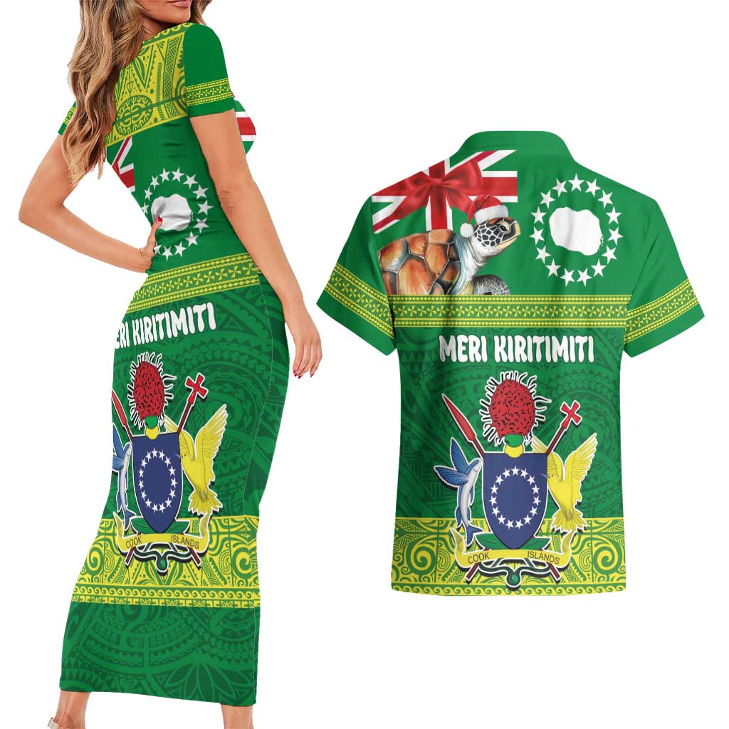Cook Islands Meri Kiritimiti Couples Matching Short Sleeve Bodycon Dress and Hawaiian Shirt Christmas Turtle - Cooks Islands Emblems and Polynesian Art Pattern LT03 - Polynesian Pride