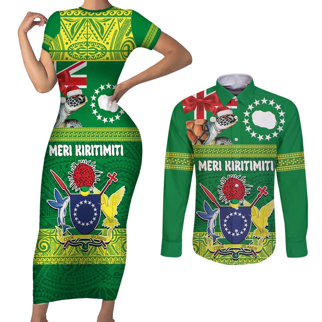 Cook Islands Meri Kiritimiti Couples Matching Short Sleeve Bodycon Dress and Long Sleeve Button Shirt Christmas Turtle - Cooks Islands Emblems and Polynesian Art Pattern LT03 Green - Polynesian Pride