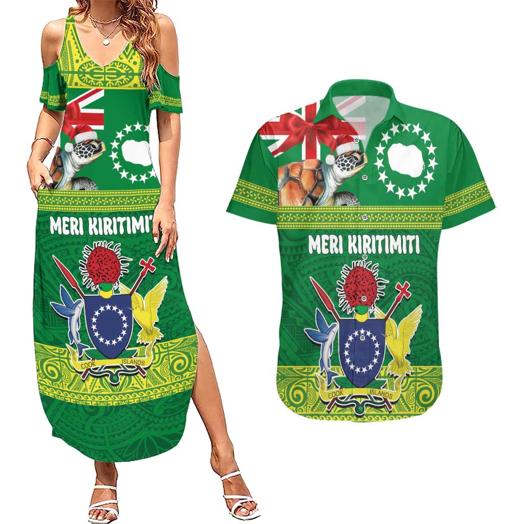 Cook Islands Meri Kiritimiti Couples Matching Summer Maxi Dress and Hawaiian Shirt Christmas Turtle - Cooks Islands Emblems and Polynesian Art Pattern LT03 Green - Polynesian Pride