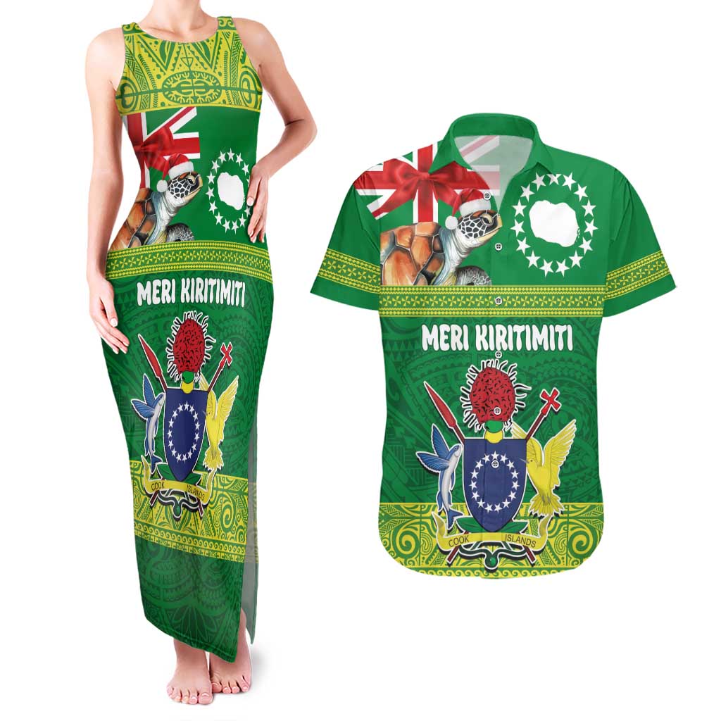 Cook Islands Meri Kiritimiti Couples Matching Tank Maxi Dress and Hawaiian Shirt Christmas Turtle - Cooks Islands Emblems and Polynesian Art Pattern LT03 Green - Polynesian Pride