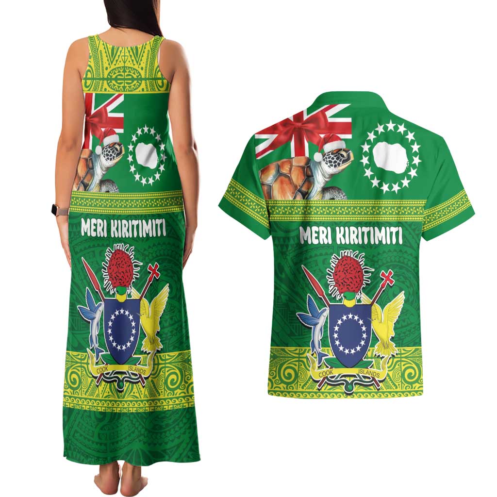 Cook Islands Meri Kiritimiti Couples Matching Tank Maxi Dress and Hawaiian Shirt Christmas Turtle - Cooks Islands Emblems and Polynesian Art Pattern LT03 - Polynesian Pride