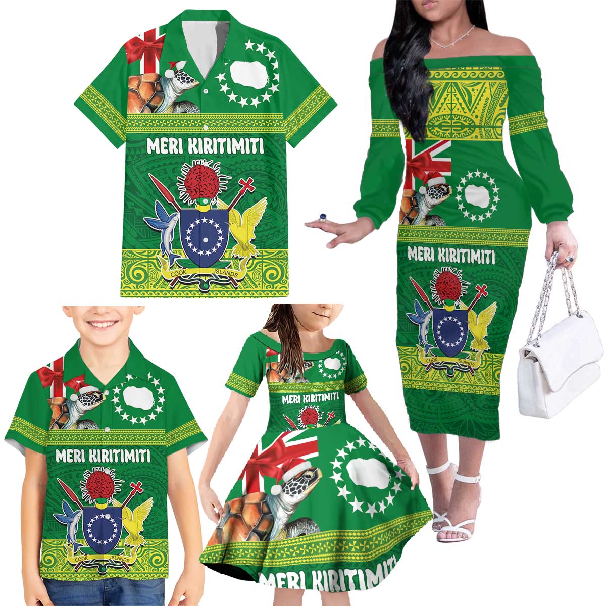 Cook Islands Meri Kiritimiti Family Matching Off The Shoulder Long Sleeve Dress and Hawaiian Shirt Christmas Turtle - Cooks Islands Emblems and Polynesian Art Pattern LT03 - Polynesian Pride