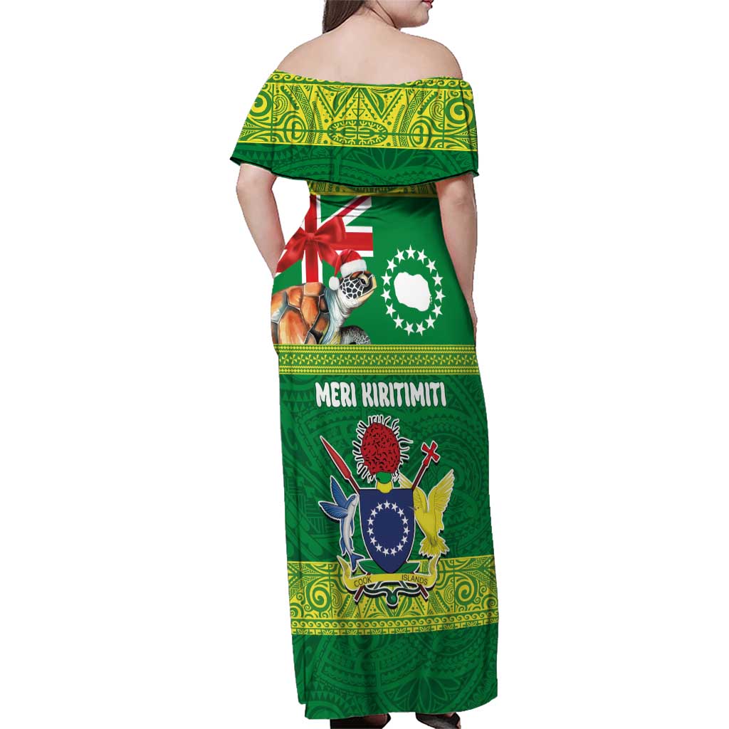 Cook Islands Meri Kiritimiti Family Matching Off Shoulder Maxi Dress and Hawaiian Shirt Christmas Turtle - Cooks Islands Emblems and Polynesian Art Pattern LT03 - Polynesian Pride