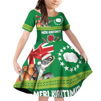 Cook Islands Meri Kiritimiti Family Matching Off Shoulder Short Dress and Hawaiian Shirt Christmas Turtle - Cooks Islands Emblems and Polynesian Art Pattern LT03 Daughter's Dress Green - Polynesian Pride