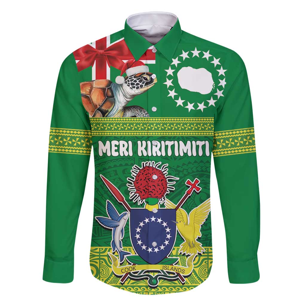 Cook Islands Meri Kiritimiti Family Matching Off Shoulder Short Dress and Hawaiian Shirt Christmas Turtle - Cooks Islands Emblems and Polynesian Art Pattern LT03 Dad's Shirt - Long Sleeve Green - Polynesian Pride