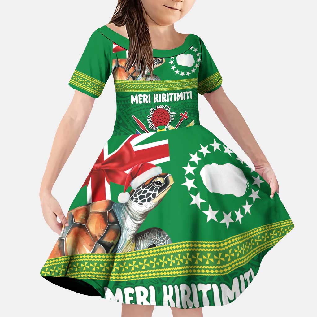 Cook Islands Meri Kiritimiti Family Matching Short Sleeve Bodycon Dress and Hawaiian Shirt Christmas Turtle - Cooks Islands Emblems and Polynesian Art Pattern LT03 Daughter's Dress Green - Polynesian Pride