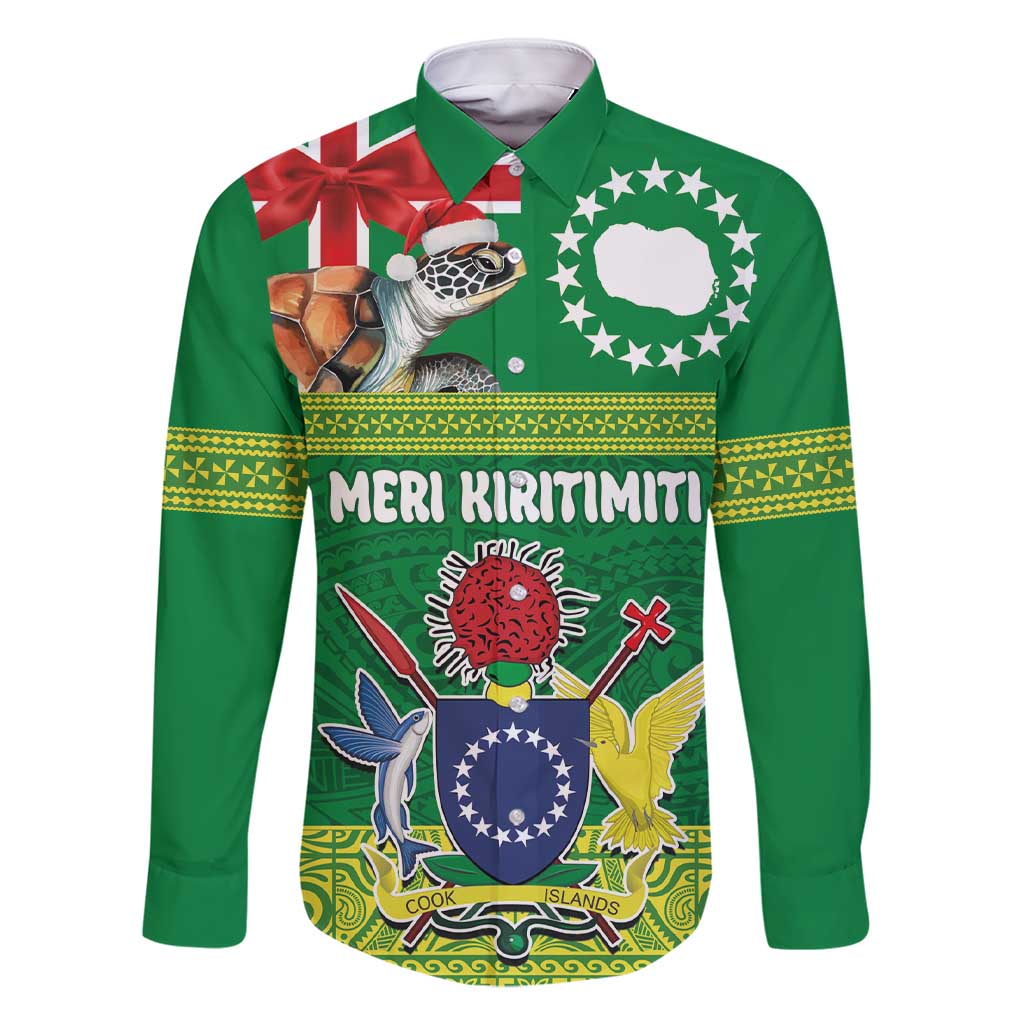 Cook Islands Meri Kiritimiti Family Matching Short Sleeve Bodycon Dress and Hawaiian Shirt Christmas Turtle - Cooks Islands Emblems and Polynesian Art Pattern LT03 Dad's Shirt - Long Sleeve Green - Polynesian Pride